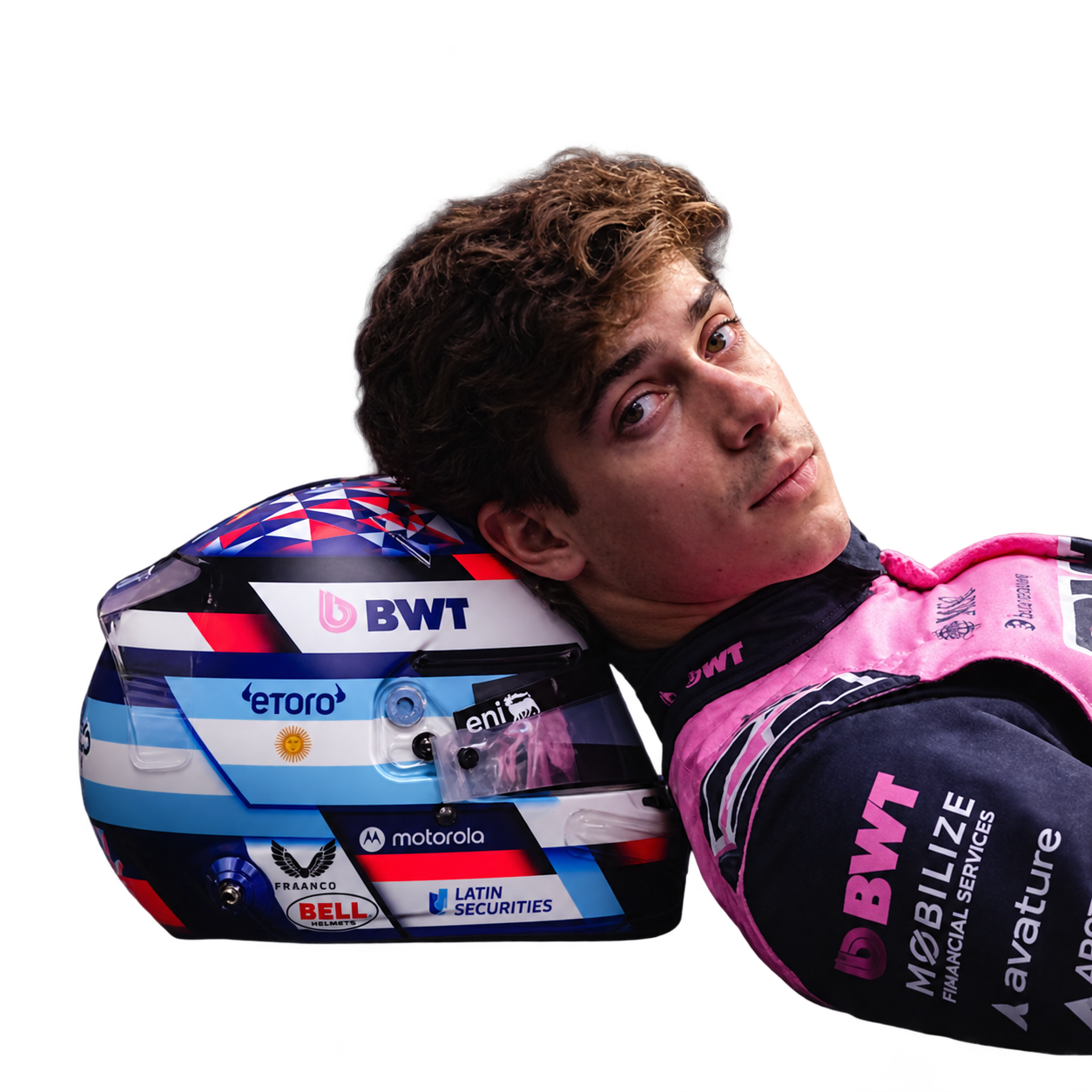 Franco Colapinto junto a su casco, con el traje de Alpine